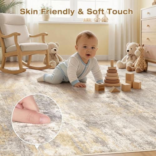 cotiled 5x7 Area Rugs for Living Room - Washable Neutral Abstract Carpet Non Slip Soft Rug for Bedroom & Dining Table, Robot Vacuum & Pet Friendly Floor Decor Gold/Grey/Brown - Thumbnail 6