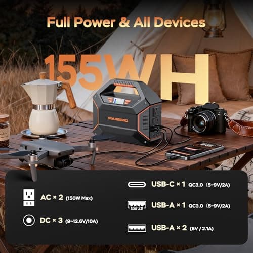 MARBERO Portable Power Station 155Wh Portable Charger 100W Power Station with 6 Outputs 2x 110V AC Outlet LED Flashlight for Home Blackout, Camping, RV Travel, Ultra-Light & Silent Fan UL Certified - Thumbnail 2