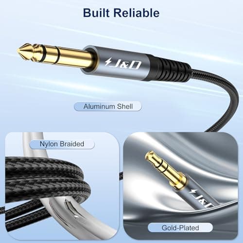 J&D 1/8 to 1/4 Stereo Cable, 3.5mm TRS to 6.35mm Audio Cable Bidirectional Nylon Braid Guitar to Aux Cord Jack for Guitar, Laptop, Home Theater Devices, Speaker and Amplifiers, 6.6 Feet, Grey - Thumbnail 3