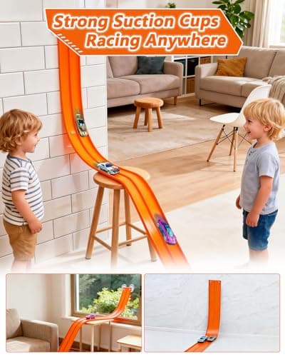15Ft Flex Track Starter Set – Classic Extra Long Bendable Flexible Race Car Track, Rolls Up Racetrack Portable, Compatible with Diecast 1/64 Scale Cars, Kids 3+ Years-Orange - Thumbnail 6