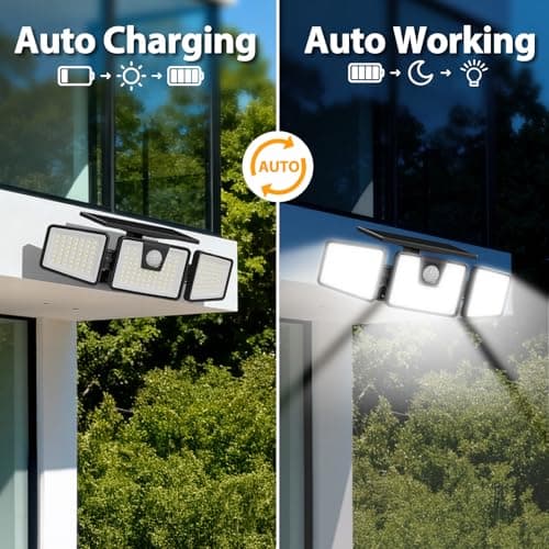 INCX Solar Lights Outdoor Waterproof, 3000 LM 156 LED Motion Sensor Outdoor Lights, 3 Heads Solar Powered Security Flood Light Motion Detected Spotlight for Patio Garage Yard Entryways, 2 Pack Black - Thumbnail 6