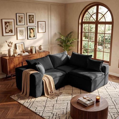 Boneless Sofa Couch Seat Set, Plush Sofa with Deep Seat & Support Pillow Armless Corner Chair Modular Sectional with Layered Cushion for Living Room Bedroom, Office (Black, 29.53"Middle of 2 Set) - Thumbnail 6