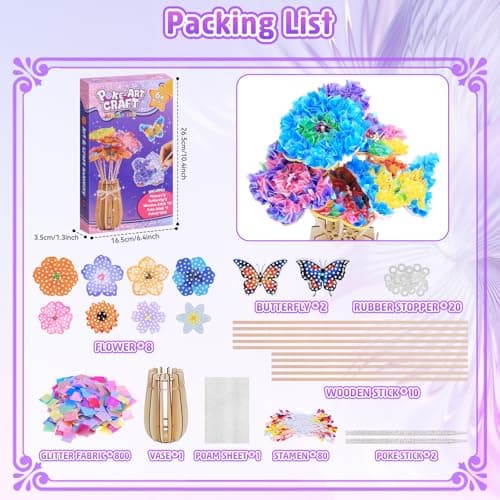 MPQMPQ Poke in Flower Art Bouquet Kit, 800+PCS Fabric Bouquets Toys with 8 Flowers & 2 Butterflies & 1 Wooden Vase, DIY Flower Making kit, Arts and Crafts for Kids Ages 6-12, Girl Birthday Gift Ideas - Thumbnail 5