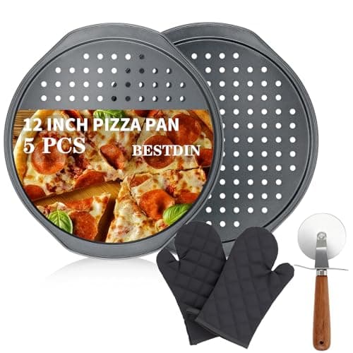 Bestdin 5Pcs Pizza Pan Set - 12 inch Pizza Pan with Holes, Non-stick, Pizza Oven Accessories with 2 Carbon Steel Round Pans, Pizza Cutter and 2 Gloves, Dishwasher Safe