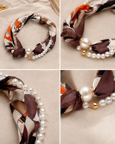 Layered Silk Scarf Choker Necklace for Women Fashion Brown Pearl Bandana Necklaces with Charms Elegant Formal Costume Prom Jewelry Gift - Thumbnail 4