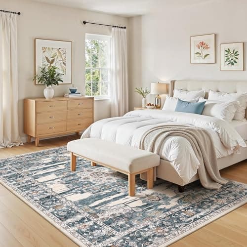 Jessibou Washable 8x10 Area Rug for Living Room & Dining Room - Large Vintage Farmhouse Soft Carpet with Non-Slip Backing, Stain Resistant Low-Pile Indoor Rug for Home Office, Kid & Pet Friendly- Blue - Thumbnail 6