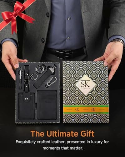 Teskyer Leather Gifts for Men, Premium Leather Gift Set with Slim Wallet, Travel Luggage Tag & Car Keychain, Elegant Gift Box for Father's Day, Birthday, Anniversary, Retirement & Graduation - Black - Thumbnail 4