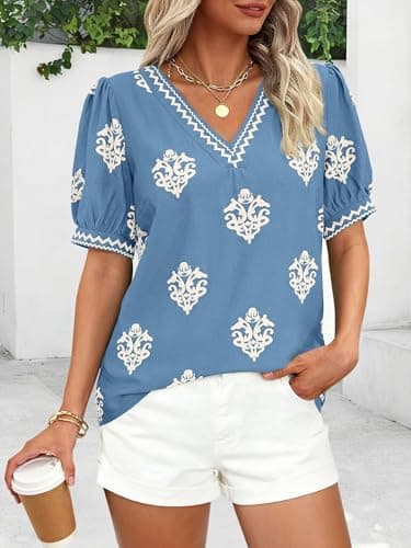 BTFBM Casual Summer T Shirts Going Out Tops for Women Beach Vacation Clothes Short Sleeve Blouses V Neck Boho Tunicss(Light Blue Apricot Flower,XX-Large) - Thumbnail 2