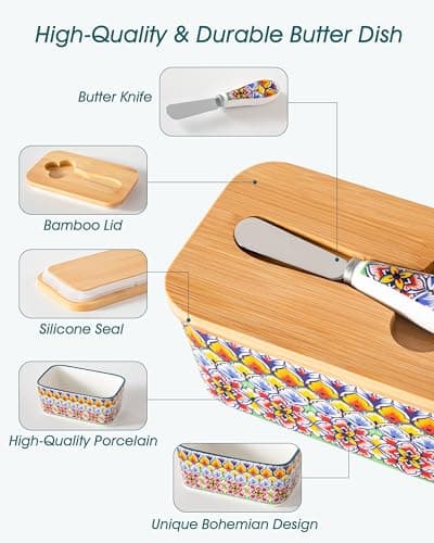 vancasso SIMI Butter Dish with Lid, 6.5" Large Butter Dish for Countertop, Bohemian Ceramic Butter Keeper Container with Knife and Bamboo Lid, Butter Holder for Counter, Golden Bloom - Thumbnail 5