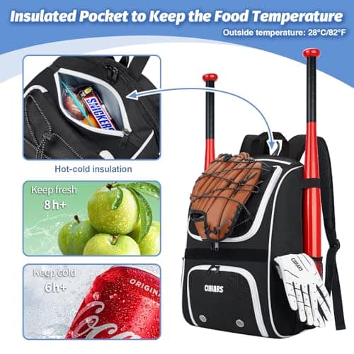 Ciihars Youth Baseball Bag - Baseball Backpack Bat & Glove Holder, T-Ball & Softball Equipment & Gear,Large Main Compartment for Helmet & accessories, Fence Hook，Insulation Pocket (black) - Thumbnail 2
