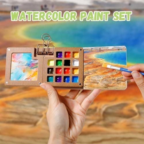 Watercolor Paint Set 12 Colors, 15-Compartment Mini Travel Watercolor Kit with 5 Brushes & Sketchbook, Portable Wooden Box with Color Storage Case for Plein Air & Urban Sketching - Thumbnail 6