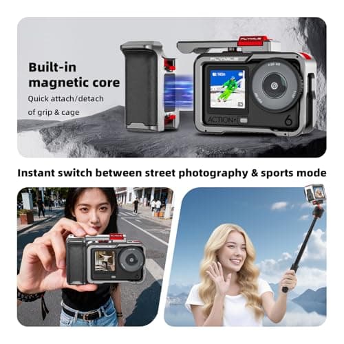 Flymile Action 6 Grip Kit (with Metal Cage), Aluminum Alloy Camera Handle Bundle Expansion Mount with Shutter Button, Quick Release, Cold Shoe, 1/4" Threaded Hole for DJI Osmo Action 6 Accessories - Thumbnail 2