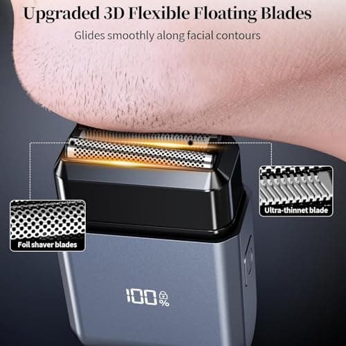 CLIKTAG Mini Electric Foil Shaver for Men - 3 Floating Blades, LED Display, USB-C Rechargeable, IPX7 Waterproof, Portable Wet/Dry Razor for Face, Ideal for Travel & Home - Thumbnail 3