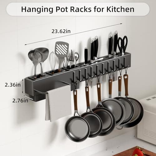 NAT MEYA Stainless Steel Pot and Pan Hanger,Wall Mounted Pot Rack Kitchen Hanging Rail With S Hooks,Detachable Pans Hanging Rail Kitchen Utensils Hanger,23.7 Inch Wall Mounted Hanging Pot Rack - Thumbnail 2