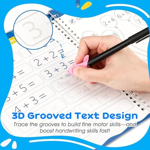 Magic Grooved Handwriting Practice Books for Kids Ages 3-5, Reusable Tracing Book, Preschool Learning Activity, Motor Skills Writing Workbook with Pencil Grips & Magic Ink Pens - Thumbnail 4