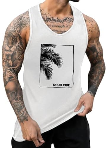 ONLYSTORY Men's Summer Tank Tops Hawaii Beach Palm Graphic Scoop Neck Cut Off Sleeveless Shirts Gym Big and Tall Workout Active Outfits White Square Coco, 2XL - Image 1
