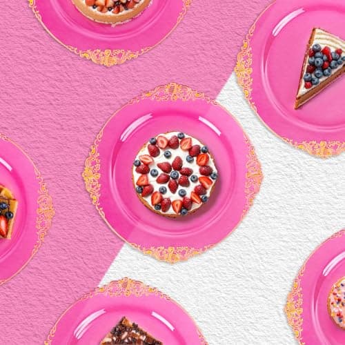 Joyido 102PCS Clear Hot Pink Plastic Plates - Pink Disposable Plate with Gold Rim - Hot Pink Party Plates Include 51PCS 7.5inch Dessert & 10.25inch Dinner Plate for Wedding Birthday Party Mother’s Day - Thumbnail 6