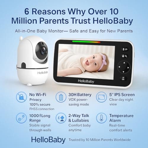 HelloBaby 5" Screen Baby Monitor with 3 Cameras - No WiFi HB6550 Video Baby Monitor, 1000ft Long Range, ECO, 26 Hour Battery, Pan-Tilt-Zoom Night Vision, Temperature Sensor & 2-Way Audio, 8 Lullabies - Thumbnail 2