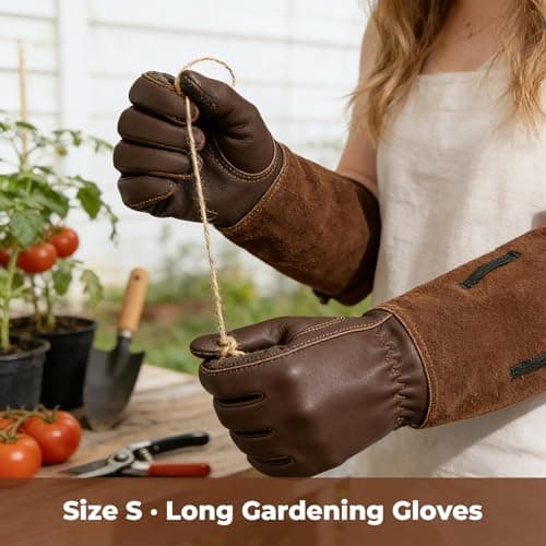 Aegend Women’s Garden Gloves, Long Elbow Cuff Adjustable Strap, Sun & Dirt Protection, Cowhide Leather, Breathable Comfortable for Gardening, Fit Small Hands for Gardeners (Brown, S) - Thumbnail 3