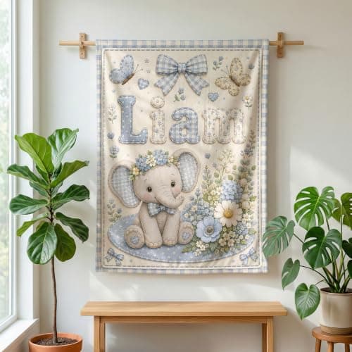 Kreiphantom Personalized Baby Blanket with Name, Custom Baby Blankets, Gift for Boy Girl, Ship Next Day, Customized Name, Baby Essentials, Elephant Design - Thumbnail 6