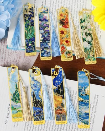 HOMTEK 8 Pieces Metal Bookmarks with Tassel, Golden Hollow Bookmark Van Gogh Monet Oil Painting Theme Book Mark for Book Lovers Writers Readers Children Teens Men Women Adults - Thumbnail 2