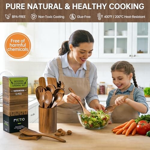 FYCTIO Wooden Utensil Set 12 PCS - Natural Non-Toxic Acacia Wooden Spoons for Cooking, Nonstick, Sturdy, Easy to Clean, Wood Kitchen Utensils Set with Holder, Spoon Rest & 6 Hooks, Ideal for Gifting - Thumbnail 4