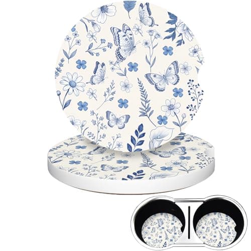 Vintage Blue Butterfly Car Coasters 2 Pack - Absorbent Ceramic Cup Coasters with Finger Notch & Anti-Slip Cork Base, 2.6" Auto Cup Holder Coasters for Car Interior Accessories (Women/Men)