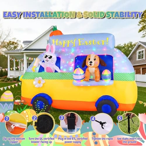 GIFTFIND 7.3FT Long Easter Inflatables Outdoor Decorations - Bunny and Dog Riding Bus, Build-in LED Lights Holiday Blow Up Yard Decoration, for Patio Garden Lawn Party Celebration Decor - Thumbnail 6