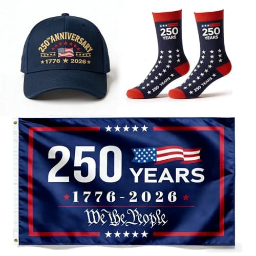 GOAUS 250 Years Patriotic Embroidered Hat, Socks and 3x5 Flag, American Merchandise 250th Anniversary USA Gifts for Men Dad Fathers Day Multicolor - Image 1