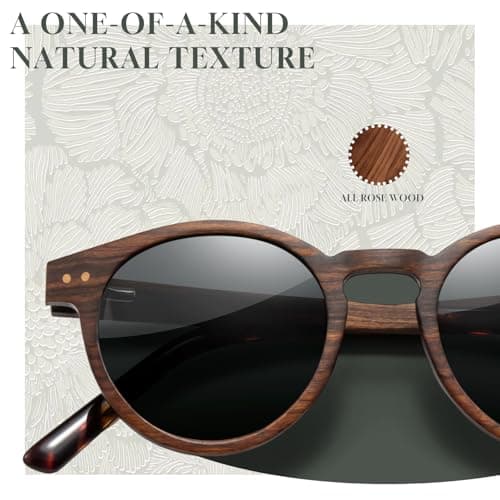 SUNGAIT Round Wood Polarized Sunglasses Women Men Vintage Retro Oak Walnut Rosewood Wooden Shades UV Protection (Rose Wood Frame/Grey Lens) - Thumbnail 2