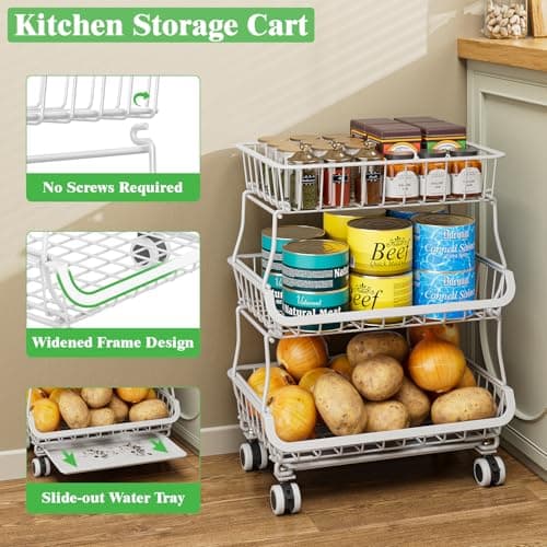 MJIMKE 3-Tier Rolling Cart with Wheels - Stackable Wire Baskets for Pantry Organization and Kitchen Storage, Floor & Countertop Fruit Organizers Vegetable Rack for Coffee Snack Onion Potato, Metal - Thumbnail 3