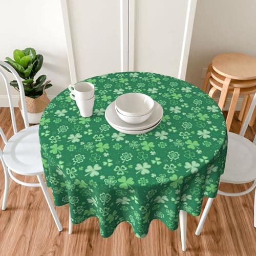 BYONEESS St.Patrick's Day Round Table Cloth 60 Inch Shamrock Green Spring Clover Circular Table Cloth Waterproof Spillproof Stain Resistant Washable Table Cover for Dining Kitchen Party Picnic - Thumbnail 2
