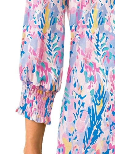 GKBK Womens 3/4 Sleeve Shirts V Neck Dressy Casual Spring Summer Blouses with Smocked Cuffs - Thumbnail 5