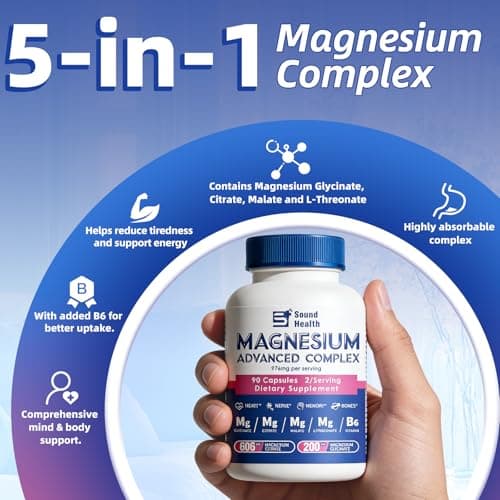 5 in 1 Magnesium Complex Capsule 976mg wtih Magnesium Glycinate, Citrate, Malate, L-Threonate & Vitamin B6, High Absorption Magnesium Complex for Women & Men, Third-Party Tested, Vegan, Non-GMO - Thumbnail 3