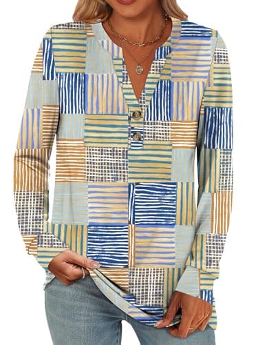 ANRABESS Women's Long Sleeve Shirts 2026 Spring Fashion Dressy Casual Tops Trendy Henley Blouses Cute Work Outfits Clothes Deep Plaid - Blue X-Large - Image 1