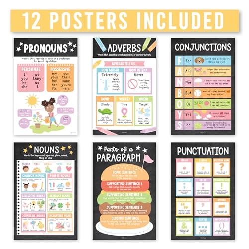 Parts of Speech Posters for Classroom Must Haves - 12 English Grammar Posters for Classroom, Writing Process Language Arts Elementary & Middle School, ELA 3rd 4th & 5th Grade Chalk Teacher Must Haves - Thumbnail 3