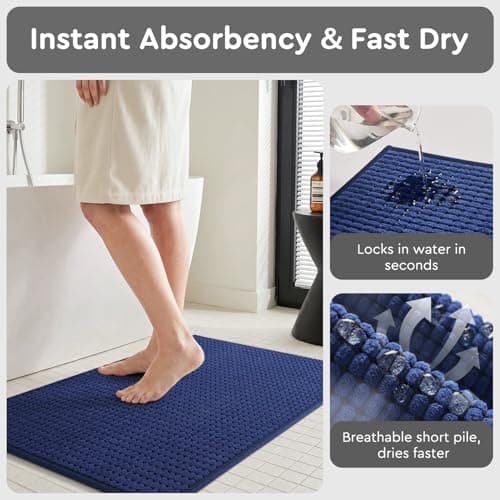tchdio Bathroom Rugs, Absorbent Quick Dry Thin Bath Mat, Non Slip Washable Bath Rugs with Solid Rubber Backing, Low Profile Bath Mats for Bathroom, Blue, 20" x 32" - Thumbnail 3