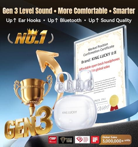 King Lucky Clip-On Earbuds Gen 3, Open-Ear Wireless Bluetooth 6.0 Headphones with Mic, Secure Fit for Small Ears & Glasses Wearers, 50H Playtime, ENC, IPX5 Waterproof Sport Ear Buds (White) - Thumbnail 2