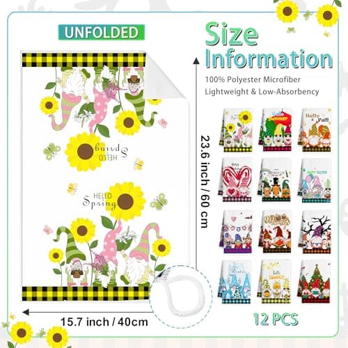 Vetoxka 12 PCS Seasonal Kitchen Towel Set for All Holidays - Cute Valentine St Patricks Day Decorations Hand Dish Tea Towels Gift Bulk Spring Bee Easter Dishcloths for Cooking Housewarming Gnome Gifts - Thumbnail 3
