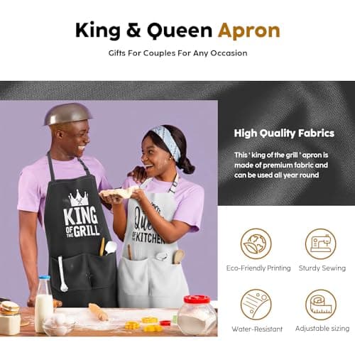 King & Queen Apron Set - Matching Couples Kitchen Aprons with Deep Pockets & Reinforced Stitching - Waterproof Professional Cooking Gear for Wedding, Engagement, Bridal Shower, Valentines, Christmas - Thumbnail 2