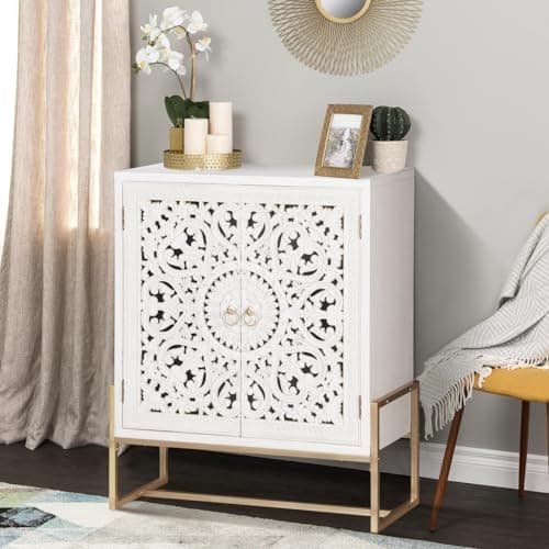 MFSTUDIO Wood Accent Storage Cabinet with 2 Doors, Distressed Storage Cabinet Buffet Sideboard Display Cabinets with Hollow Carved Floral Pattern for Living Room Entryway, Metal Base,White - Image 1