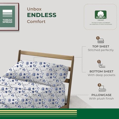 THREAD SPREAD 100% Organic Cotton Sheets Twin XL Size - Organic Cotton Percale Weave Sheet Set (3 PC, Floral Blue), Soft, Cooling, Crisp & Breathable, 16" Deep Pocket Hotel Quality Bedding Set - Thumbnail 3