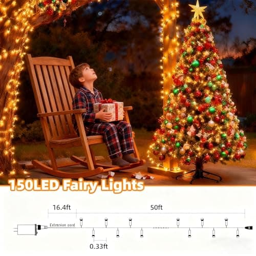 AHAWILL Warm White Christmas Lights Outdoor,50FT 150LED String Lights with 8 Modes,Christmas Tree Lights Indoor Plug in,Waterproof Twinkle Fairy Lights for Party,Classroom,Home Decor - Thumbnail 4