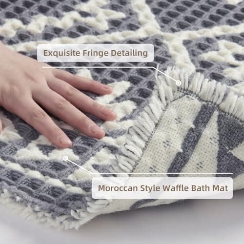 PADOOR-Waffle Bathroom Runner 24"x72", Super Absorbent Bath Mats for Bathroom, Machine Washable Non Slip Bath Rug with Tassels, Soft Bath Mat for Laundry Room, Bedroom, Grey & Cream, 2'x 6' - Thumbnail 4