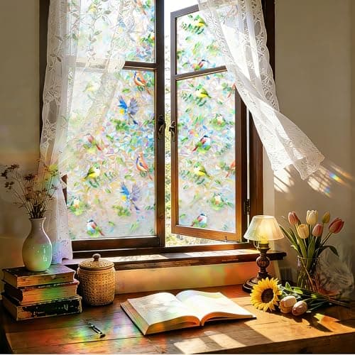 Stained Glass Privacy Window Film 3D Rainbow Bird & Leaf Window Privacy Film Decorative Static Cling UV Blocking No Peeling No Glue with Installation Kit for Kitchen Bathroom Rental 29.5" W x 78.7" H - Thumbnail 6