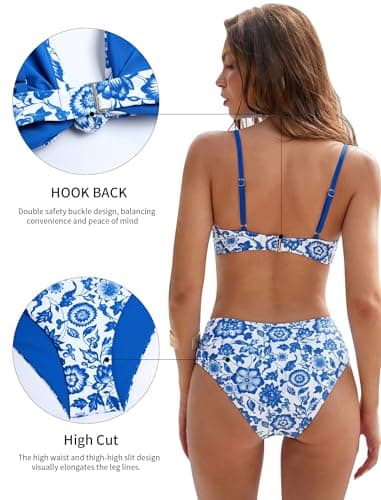 ZAFUL High Waisted Bikini Sets for Women Texture Push Up 2 Piece Swimsuit Knot Front V Neck Bathing Suit Brazilian Cheeky Bottom Blue Floral S - Thumbnail 5
