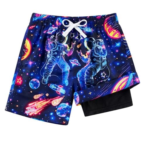 Cozople Boys Swim Trunks Stretchy Compression Liner Summer UPF Quick Dry Swimming Shorts Neon Style Astronaut Graphic for Surfing Beach - Image 1