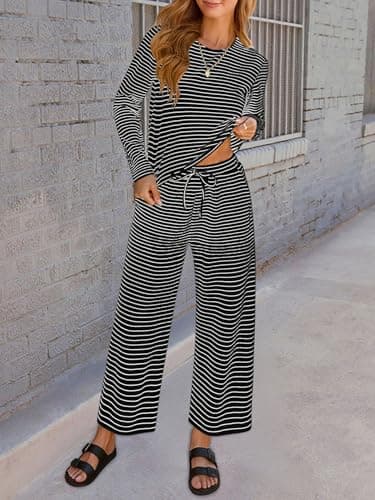 Lazysmile Lounge Sets For Women Casual Striped 2 Piece Outfits Long Sleeve Tops and Wide Leg Pants Loungewear Pajama Set - Thumbnail 4