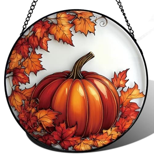 Zizzie Pumpkin Maple Leaf Suncatcher -7.9 in Stained Glass Window Hanging Sun Catcher Garden Decor