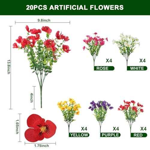 FULLMUSIC Artificial Flowers for Outdoor, 20 Pcs UV Resistant Realistic Pansies Fake Flowers for Indoor and Outdoor Garden, Porch, Patio, Window Box Decor All Year Round (20, Mixed Color) - Thumbnail 4